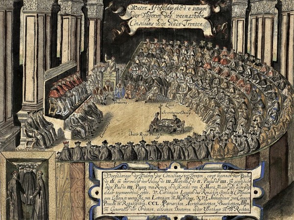 ◆ 교회를 믿되, 오류가 없는 지상의 교회를 숭상하는 종교인 로마 가톨릭교회의 트렌트 공의회의 모습. 로마 가톨릭교회에서의 참된 교회는 이처럼 모인 사제들로 이뤄진 모임이다.