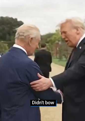 트럼프가 찰스 국왕의 오른 팔을 잡으면서 아랫사람 대하듯 했다.