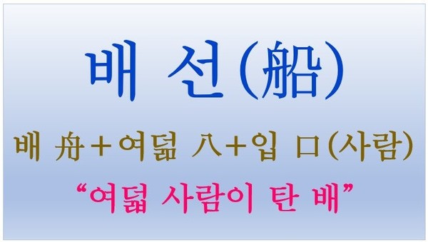 배 船을 파자하면 '배 舟+여덟 八+ 입 口가 되어 '여덟 사람이 탄 배라는 뜻이 된다.